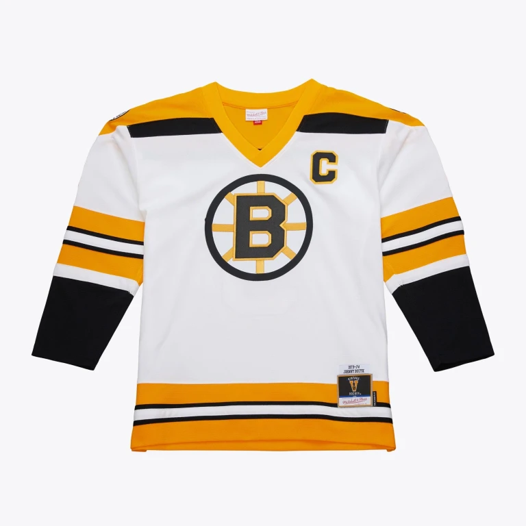Men's NHL White Jersey Bruins 1973 Johnny Bucyk Jerseys