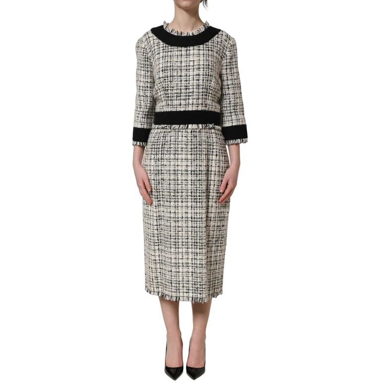 Dolce & Gabbana Multicolor Bouclé Tweed Frayed Trim Midi Dress - Women