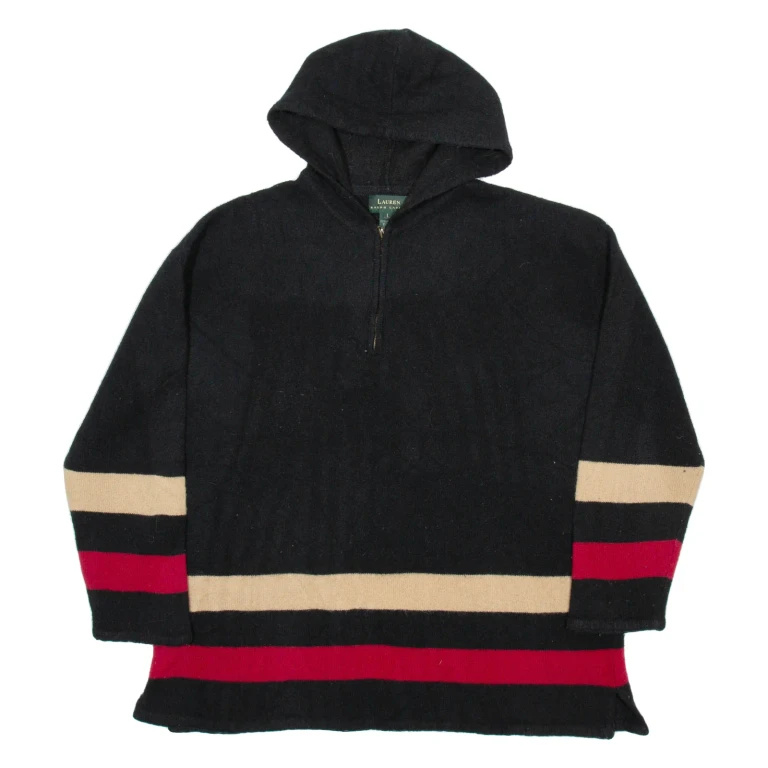 LAUREN RALPH LAUREN Womens Jumper Black Striped 1/4 Zip Tight Knit Wool L