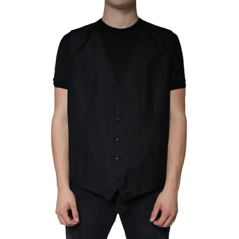 Dolce & Gabbana Black Wool Waistcoat Dress Formal Vest Virgin Silk - Men