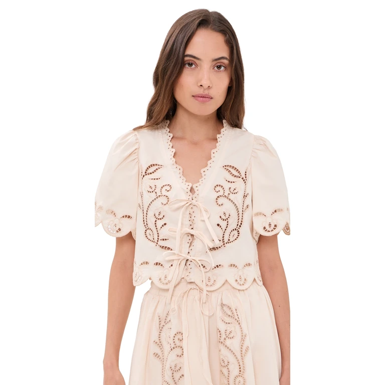 Moon River Short Sleeve Embroidered Eyelet Front Tie Top Cream M