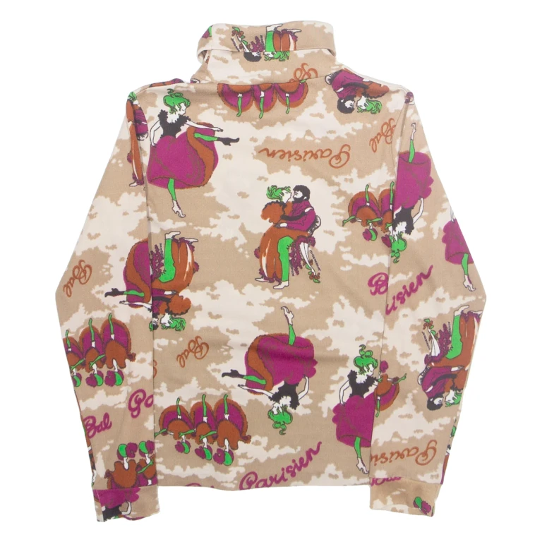 Womens Printed Top Beige High Neck Long Sleeve Crazy Pattern S