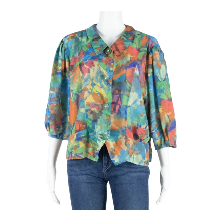 RIO Womens Printed Blouse Green 3/4 Sleeve Crazy Pattern L