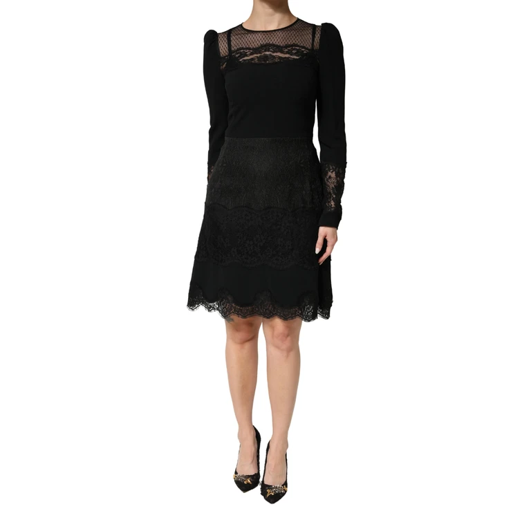 Dolce & Gabbana Black Lace Sheer Panel Midi Long Sleeve Dress - Women
