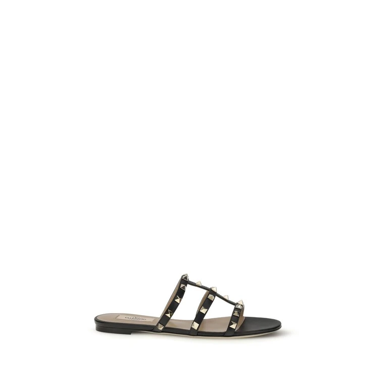 Valentino Garavani Black Calf Leather Bos Taurus Flat Sandals - Women