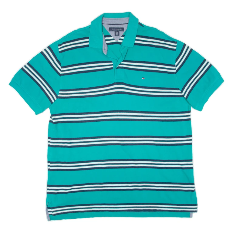 TOMMY HILFIGER Mens Polo Shirt Green Striped XL