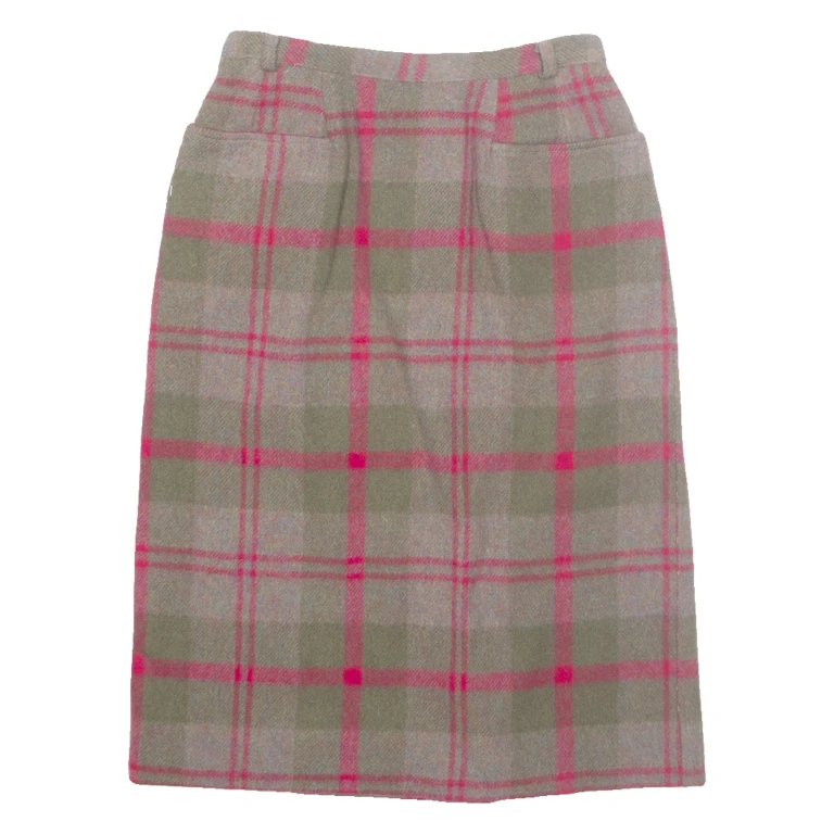 Womens Pencil Skirt Brown Knee Length Wool Check XS
