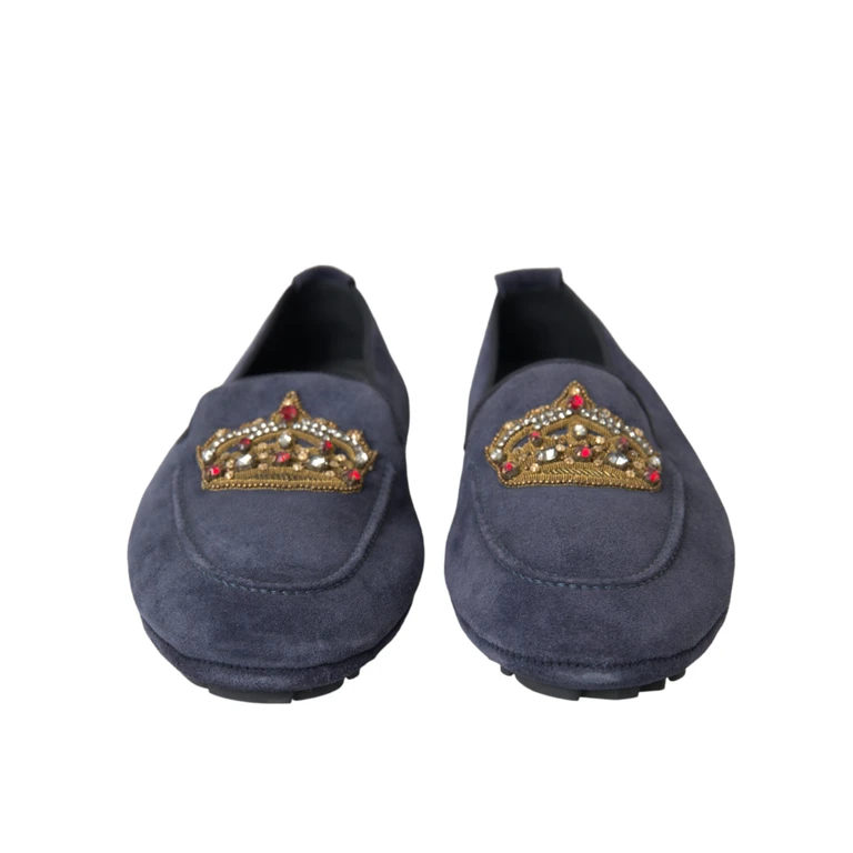 Dolce & Gabbana Blue Leather Suede Crystal Crown Loafers Shoes Calf - Men