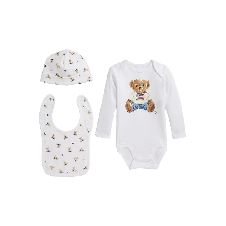 Baby Romper Set With Matching Hat And Bib Bear All-Over Print White Cotton Suits - Kids