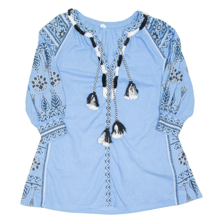 Womens Printed Top Blue V-Neck 3/4 Sleeve Crazy Pattern S