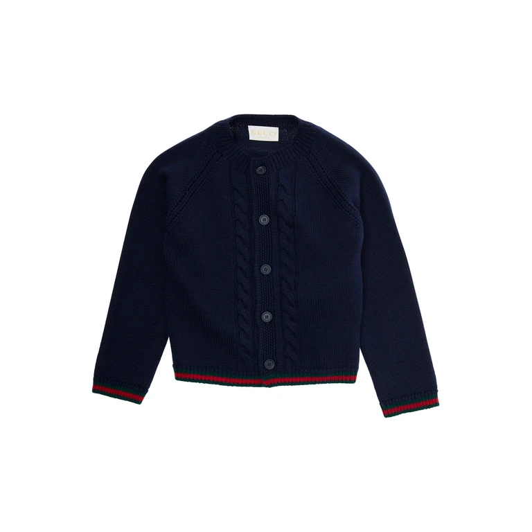 Blue Cardigan with Intarsia Design and Round Neck in Wool Boy Blu Jersey - Kids