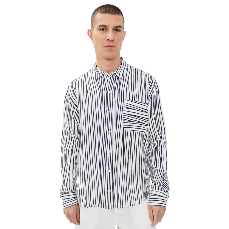 Grasmoor Linen Crossover Stripe Shirt WHITE SAND/NIGHT IRIS M