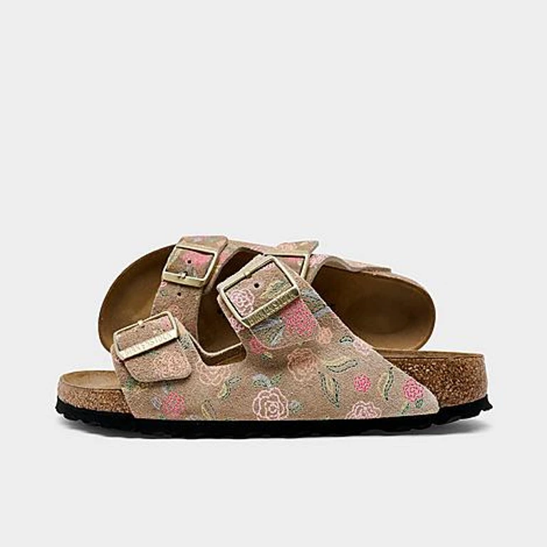 Birkenstock Women's Arizona Flower Print Suede Leather Sandals in Sandcastle Flower Print Size: 36