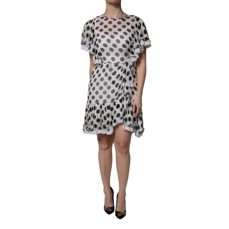 Dolce & Gabbana White Polka Dotted Silk Blend A-Line Dress Cotton Elastane - Women
