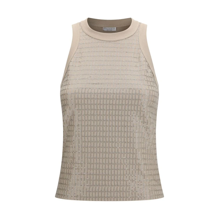 Beige Cotton Sleeveles T-Shirt - Women