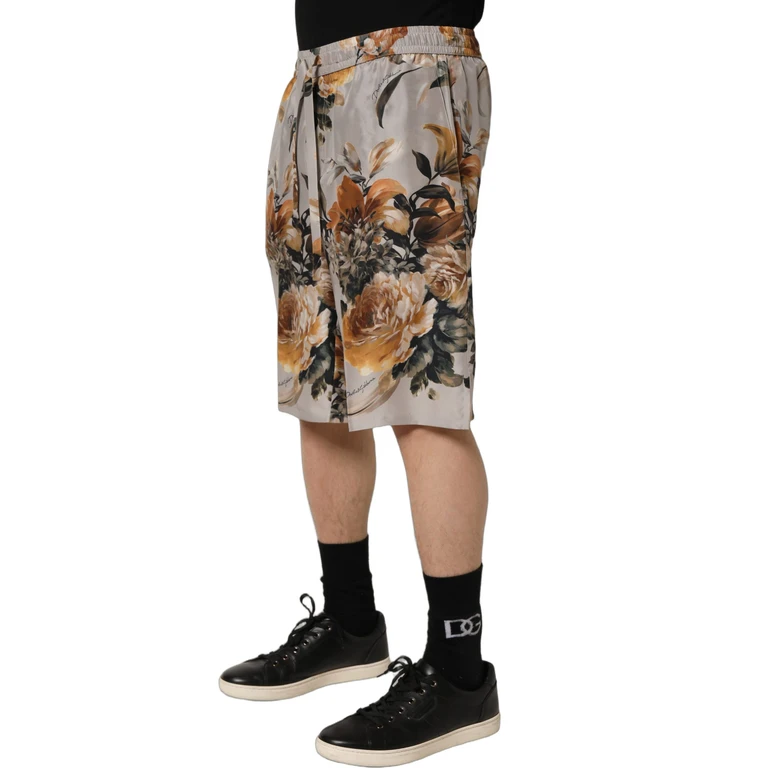 Beige Floral Print Silk Men Bermuda Shorts - Men