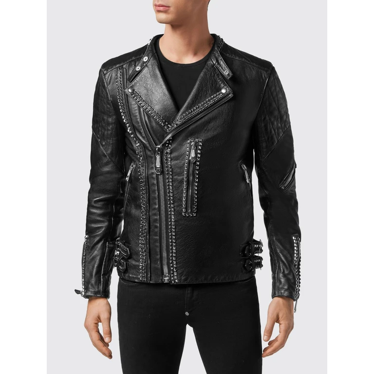 Slim Fit Studded Calfskin Biker Jacket (PAACMLB1202PLE046C02)
