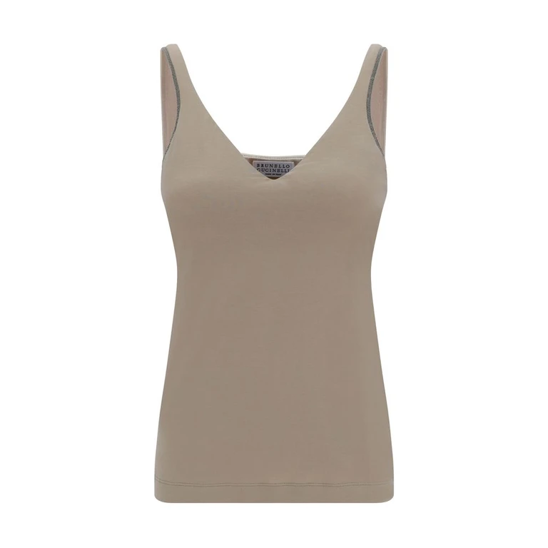 Beige Cotton Sleeveles T-Shirt - Women