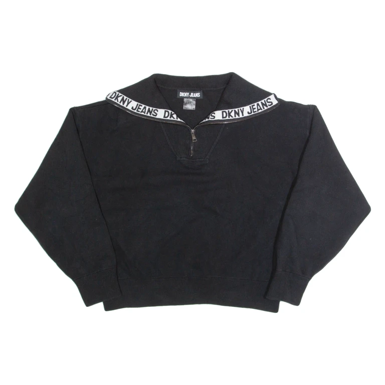 DKNY Cropped Womens Jumper Black 1/4 Zip Tight Knit L