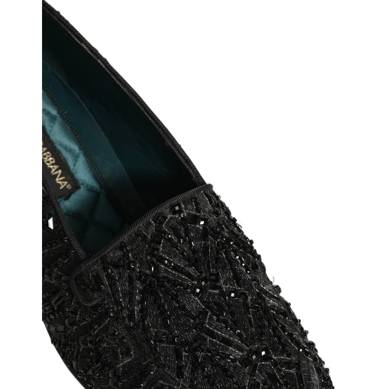 Dolce & Gabbana Black Velvet Embroidered Dress Loafers Shoes Leather - Men