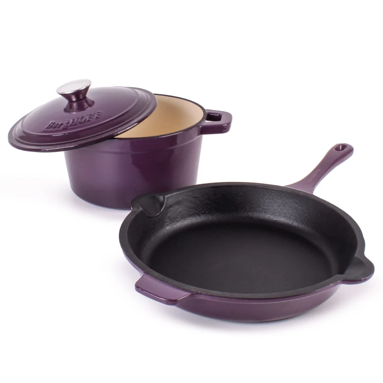 Neo 3pc Cast Iron Cookware Set, Fry Pan & Round Dutch Oven, Purple