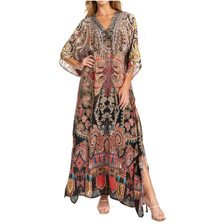 Sakkas Georgettina 2025 Flowy Rhinestone V Neck Long Caftan Dress / Cover Up