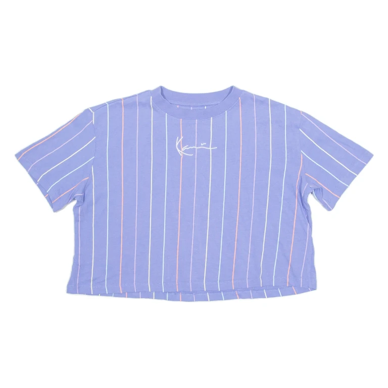 KARL KANI Cropped Pinstripe Mens T-Shirt Purple Crew Neck XS