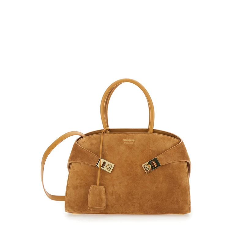 Handbag Hug Small With Logo And Gancini Buckles On The Front Suede Beige Woman Goat Calf Hand Bags