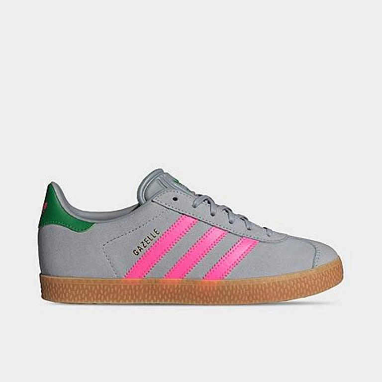 adidas Big Kids Originals Gazelle Casual Shoes in Halo Silver/Lucid Pink/Green Size: 3.5