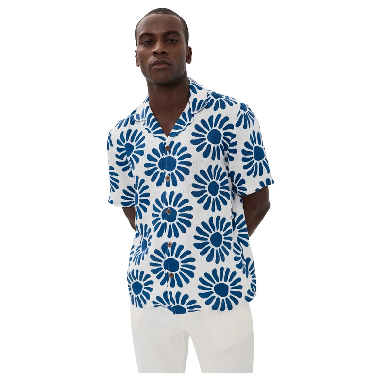 Faherty Linen Camp Shirt Antilles Blue Suns L