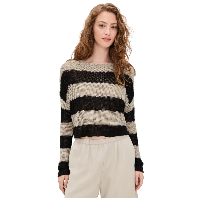 Enza Costa Stripe Linen Bateau Sweater Oatmeal/Black S