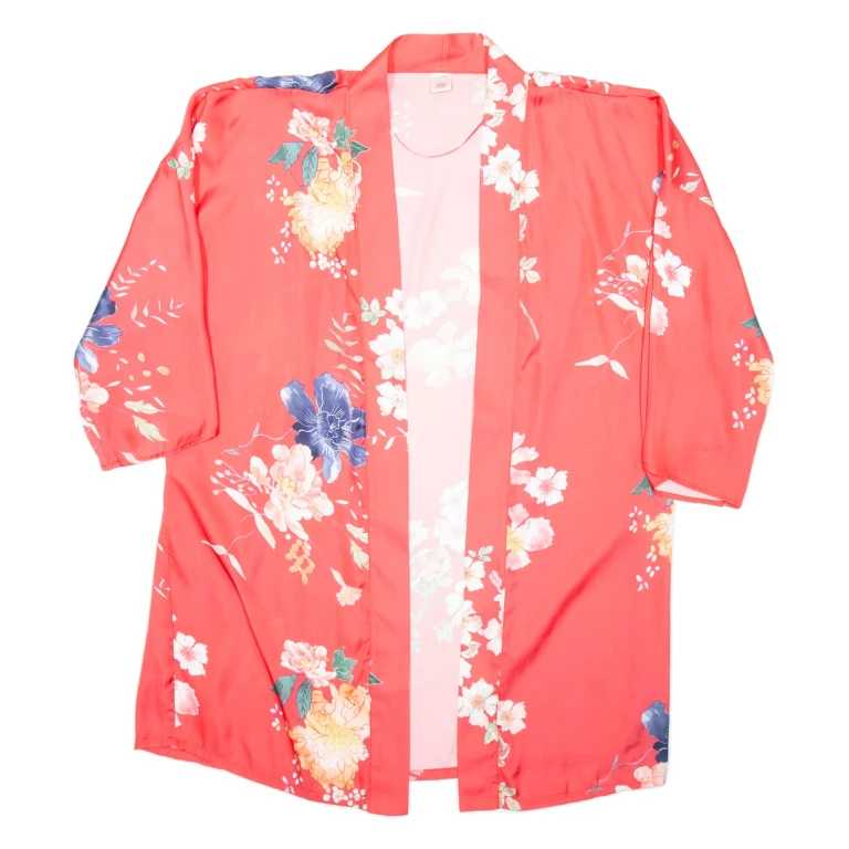 Womens Kimono Blouse Red 3/4 Sleeve Floral L