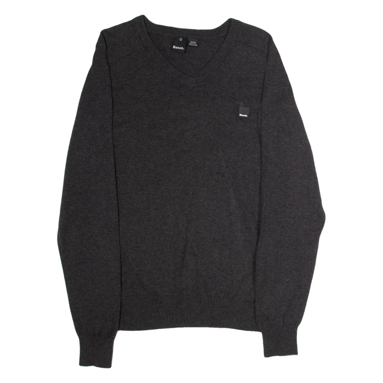 BENCH Mens Jumper Grey V-Neck Tight Knit L
