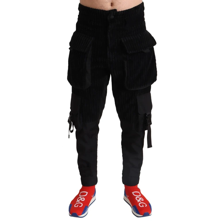 Black Cotton Skinny Corduroy Cargo Pants Nylon - Men