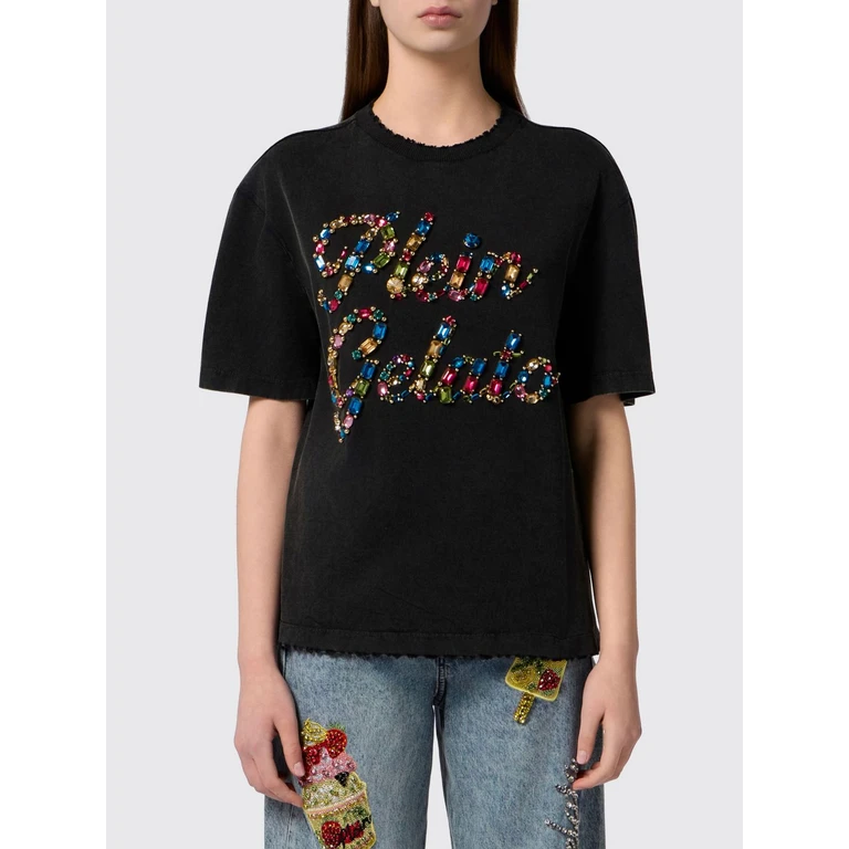 Relaxed Fit Cotton T-shirt with Rhinestone Logo and Fringed Hem (PAFCWTK3946PJY002N02)