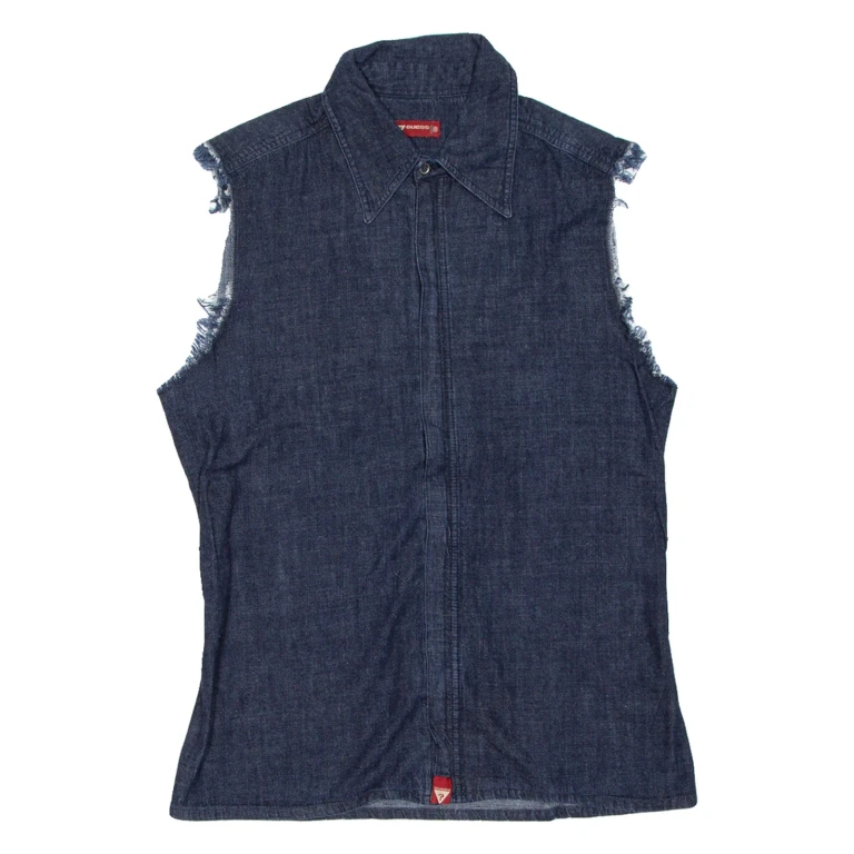 GUESS Zip Up Mens Plain Shirt Blue Sleeveless L