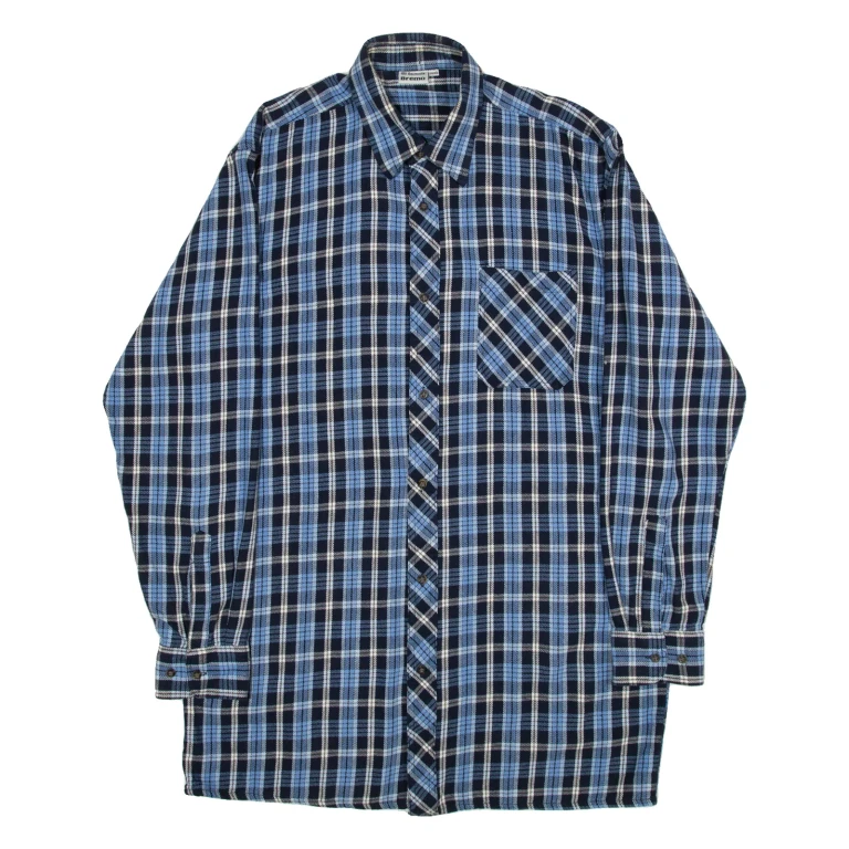 BREMO Mens Shirt Blue Check Long Sleeve L