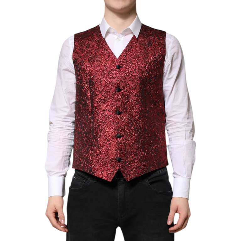 Dolce & Gabbana Red Floral Brocade Formal Men Waistcoat Vest Clothing - Men