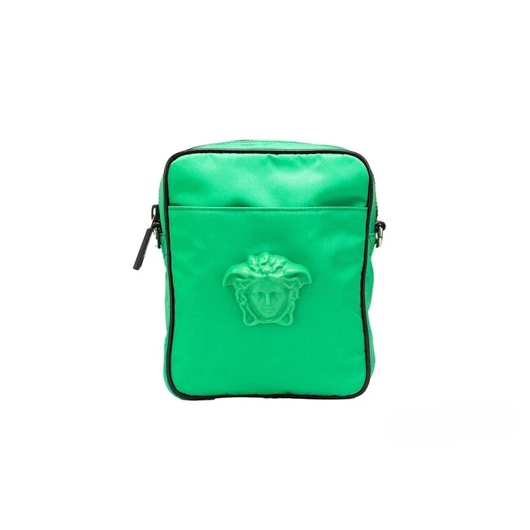 Versace Small Bright Green Nylon Fabric Medusa Crossbody Messenger Bag Purse Black - Women