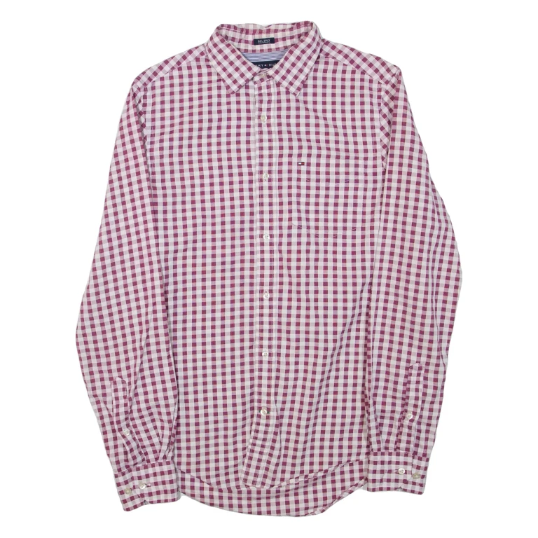 TOMMY HILFIGER Mens Shirt Maroon Check Long Sleeve XS