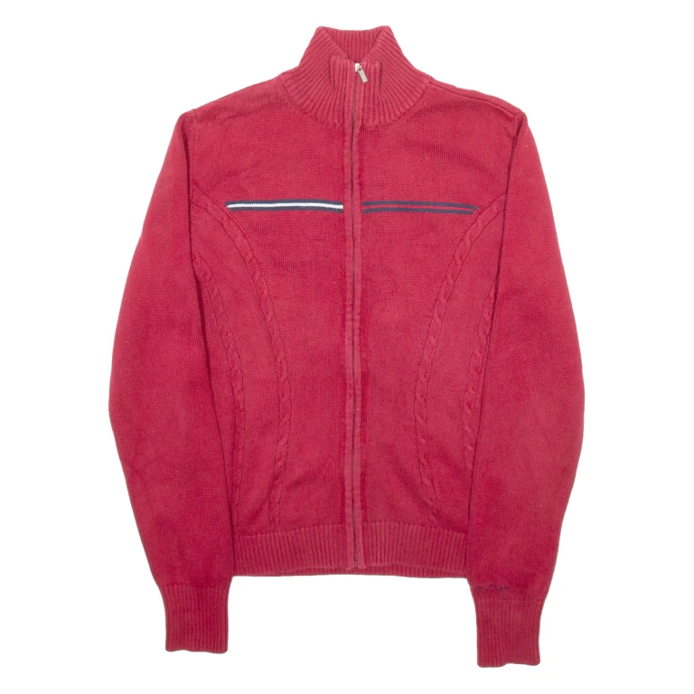 TOMMY HILFIGER Womens Cardigan Red High Neck Cable Knit M