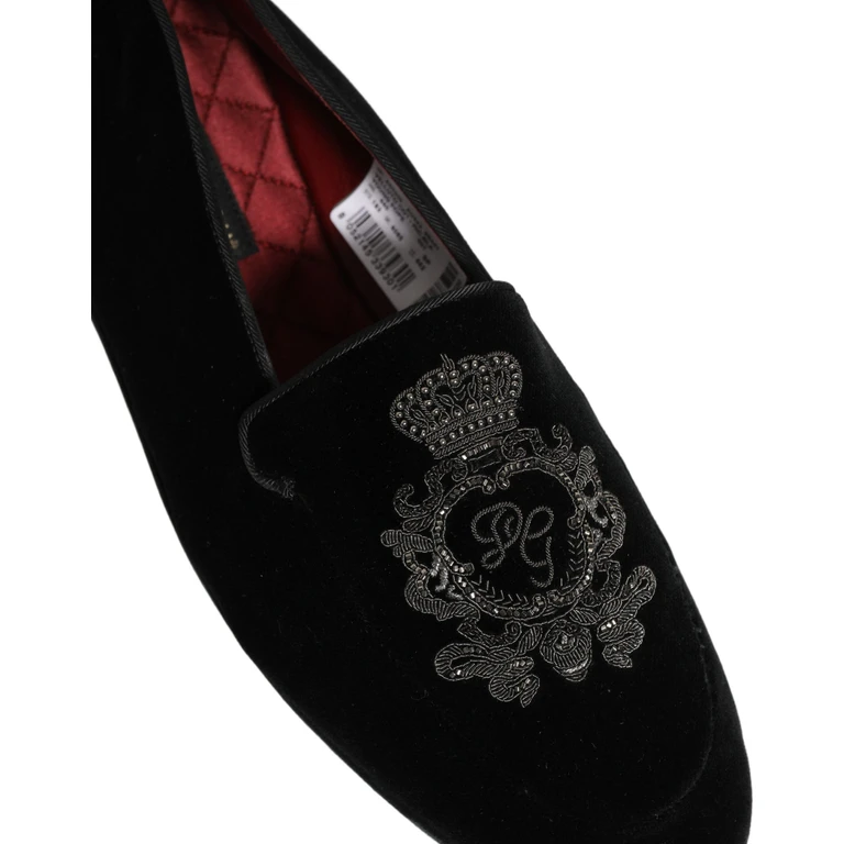 Dolce & Gabbana Black Velvet Crown Embroidery Loafers Shoes Leather - Men