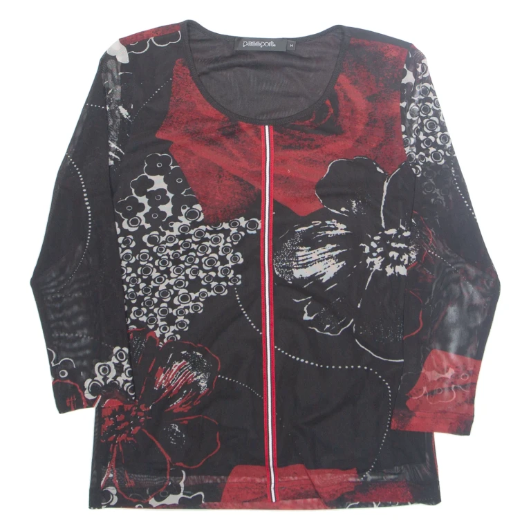 PASSPORT Womens Printed Top Black Long Sleeve Floral M