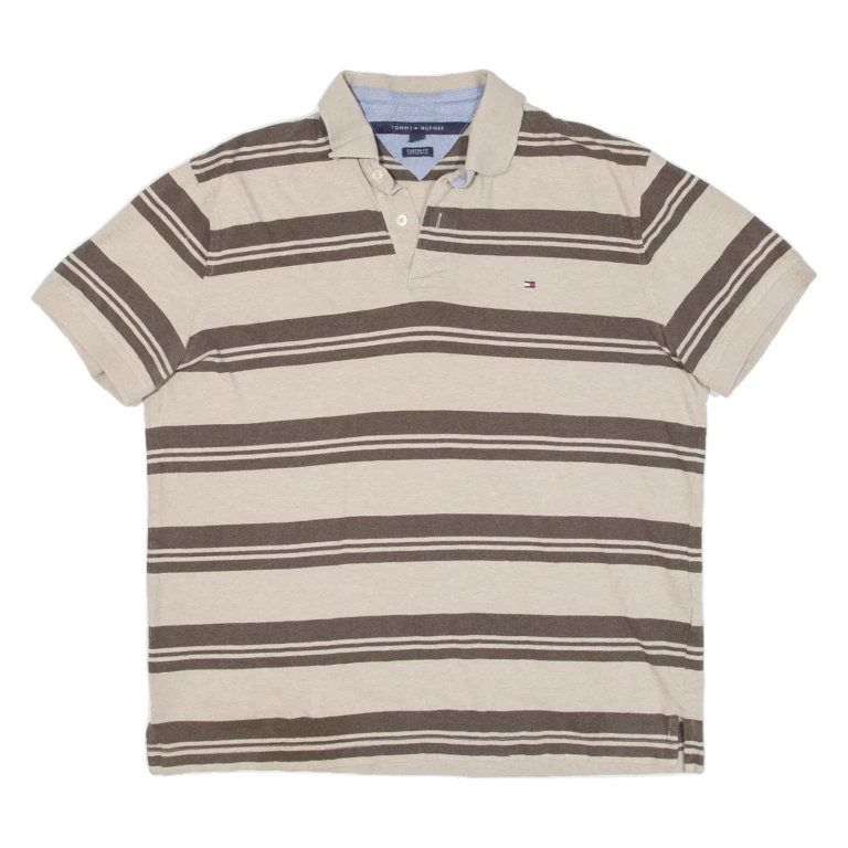 TOMMY HILFIGER Mens Polo Shirt Brown Striped L