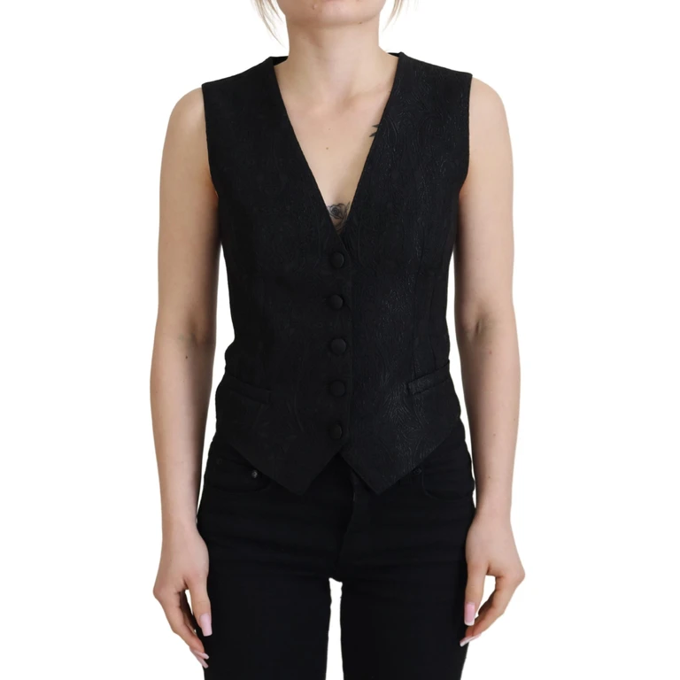 Dolce & Gabbana Black Brocade Button Down Sleeveless Vest Top Virgin Wool Silk Elastane - Women