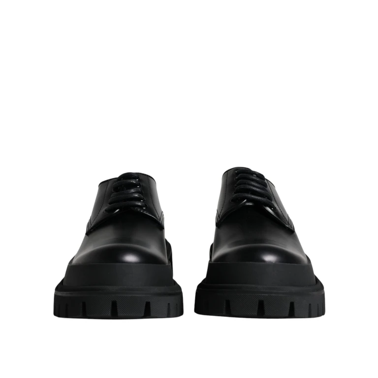 Dolce & Gabbana Black Leather Lace Up Trekking Dress Shoes Calf Lambskin Viscose - Men