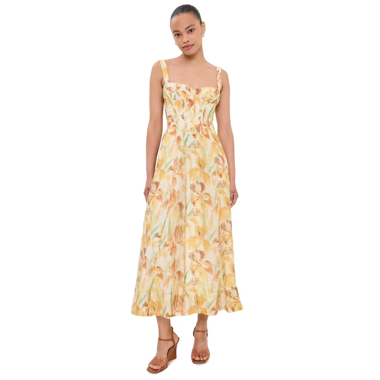 BARDOT Adaline Printed Midi Dress Yellow Floral 12