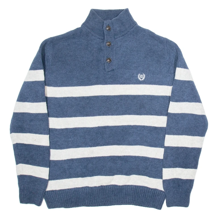 CHAPS Mens Patterned Jumper Blue Striped Button Neck Tight Knit S