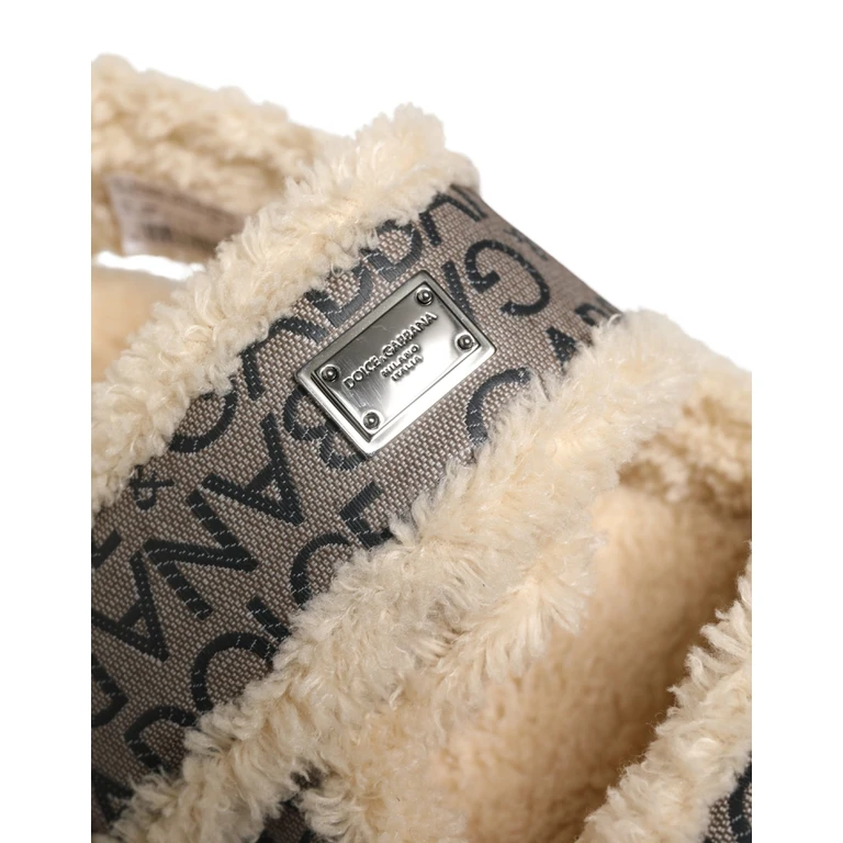 Dolce & Gabbana Beige Faux Fur Logo Print Flats Sandals Shoes - Men