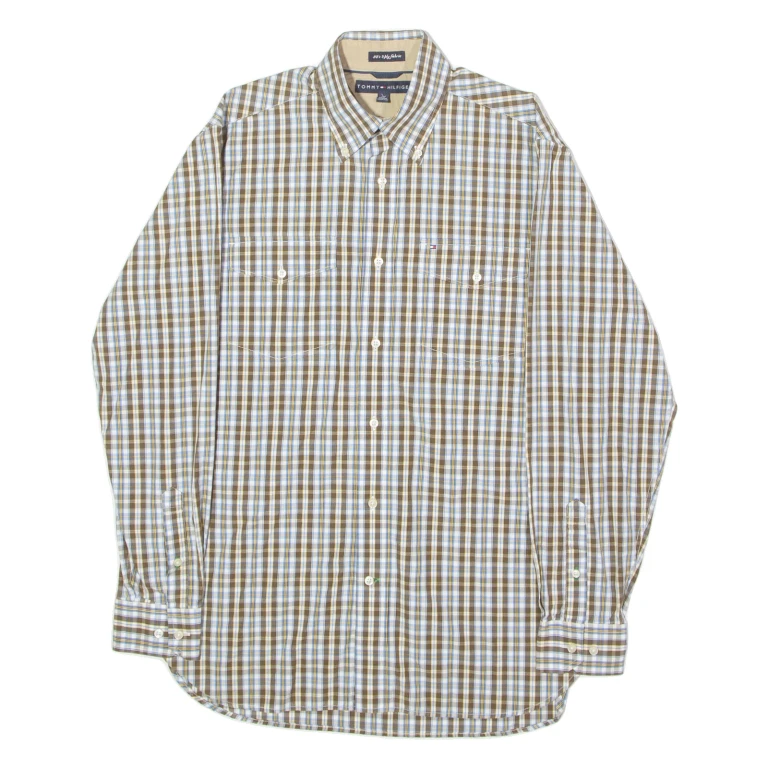 TOMMY HILFIGER Mens Shirt Brown Check Long Sleeve S